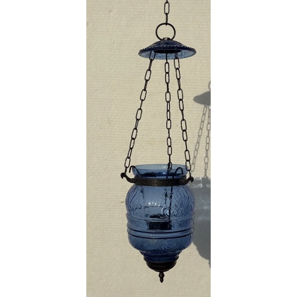 Antique hanging Blue Glass Bell Jar Candle Lantern ~ Pendant Bell